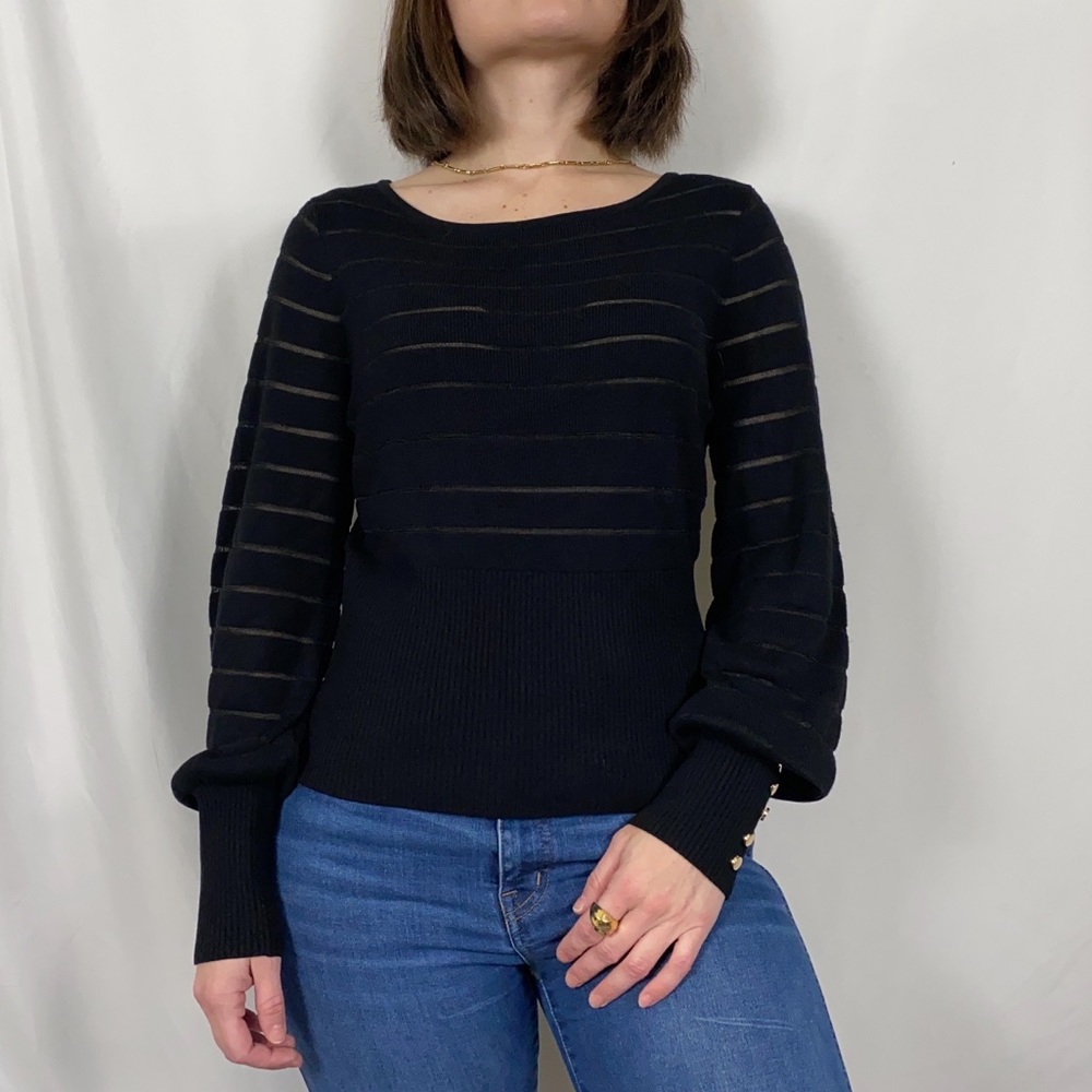 Intermix Black Semi-Sheer Gold Button Cuff Sweater